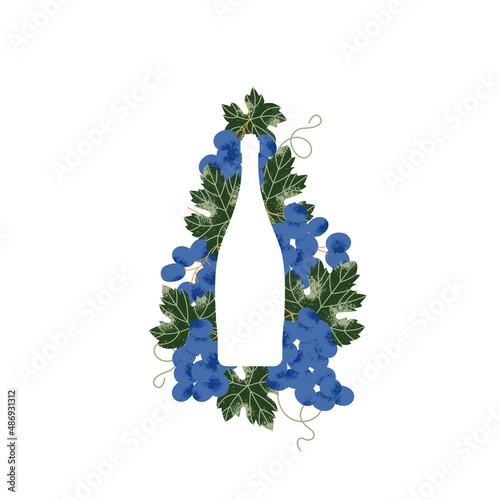 Wine bottle silhouette with grapes and leaves. Vintage textured vector illustration