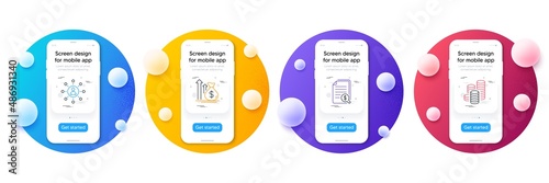 Minimal set of Networking, Financial documents and Budget line icons for web development. Phone ui interface mockup with balls. Coins icons. Business communication, Check docs, Money profit. Vector