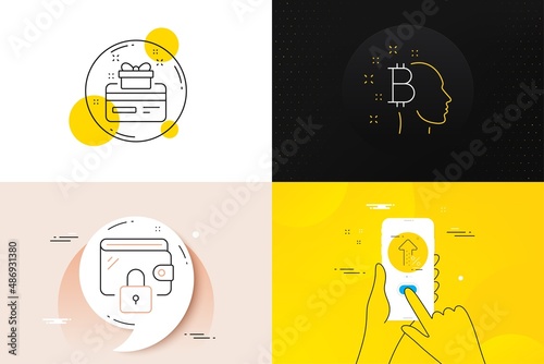 Minimal set of Wallet, Loyalty card and Increasing percent line icons. Phone screen, Quote banners. Bitcoin think icons. For web development. Locked money purse, Bonus points, Discount. Vector