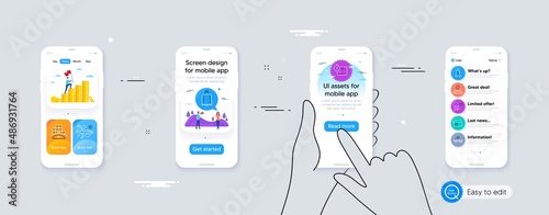 Set of Inventory, Baggage reclaim and Rocket line icons. Phone ui interface. Include Cardboard box, Airplane travel, Boarding pass icons. Vector