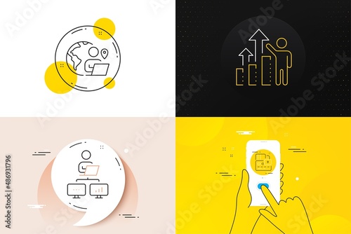 Minimal set of Outsource work, Card and Work home line icons. Phone screen, Quote banners. Employee results icons. For web development. Remote worker, Bank payment, Chart. Vector