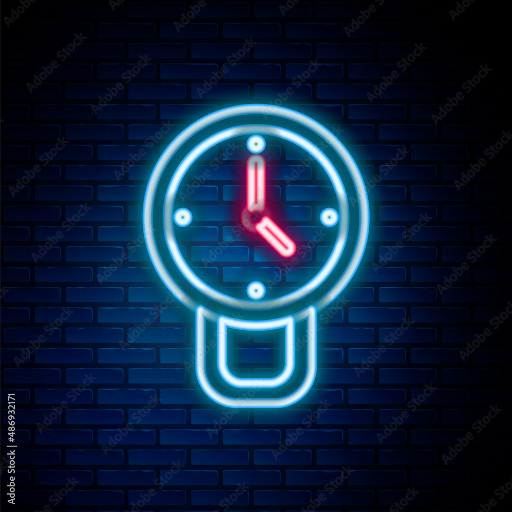Glowing neon line Clock icon isolated on brick wall background. Time symbol. Colorful outline concept. Vector Glowing neon line Clock icon isolated on brick wall background. Time symbol. Colorful outline concept. Vector