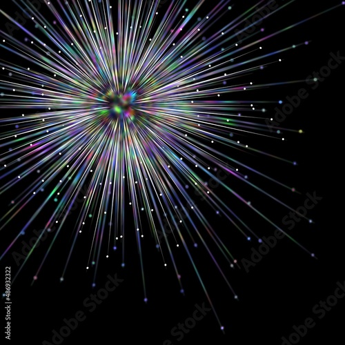An abstract illustration featuring a sparkling multi-colored starburst in a black sky