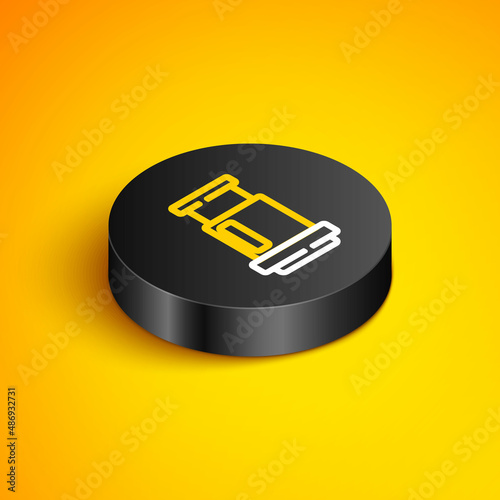 Isometric line Aeropress coffee method icon isolated on yellow background. Device for brewing coffee. Black circle button. Vector
