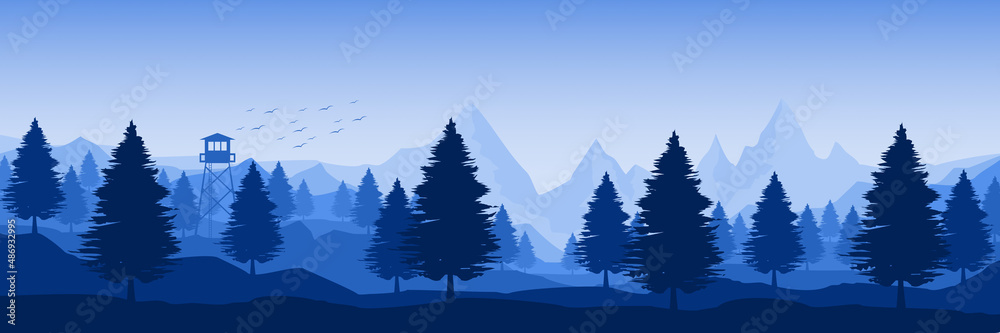 Fototapeta premium mountain landscape with pine tree forest silhouette flat design vector illustration for background, banner, backdrop, tourism design, apps background and wallpaper