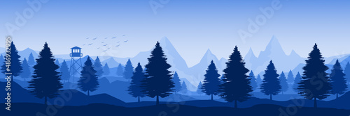 mountain landscape with pine tree forest silhouette flat design vector illustration for background, banner, backdrop, tourism design, apps background and wallpaper