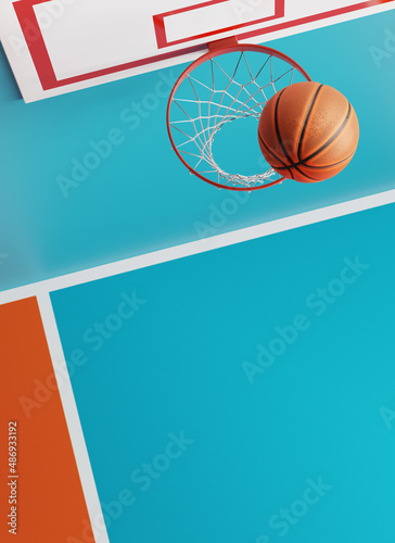 A basketball hoop on a white wall with a ball flying at the target 3d render © Petr