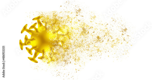 Yellow virus particle on a white background. Decay effect. Coronavirus fight concept