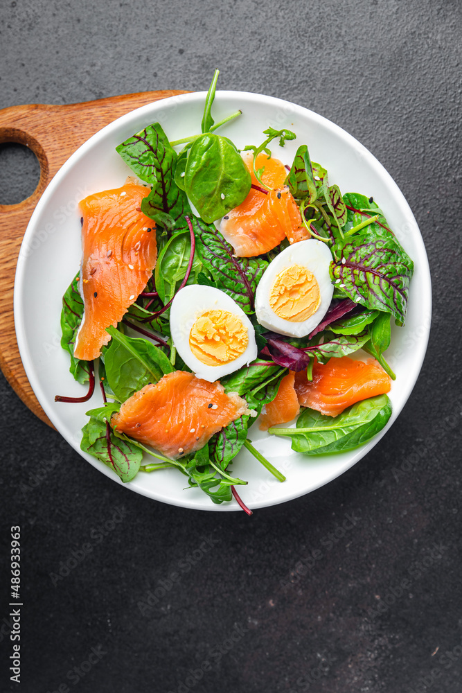 salad salted salmon, eggs, green leaves lettuce fresh portion healthy meal food diet snack on the table copy space food background rustic keto or paleo diet veggie vegetarian pescatarian diet salad salted salmon, eggs, green leaves lettuce fresh portion healthy meal food diet snack on the table copy space food background rustic keto or paleo diet veggie vegetarian pescatarian diet