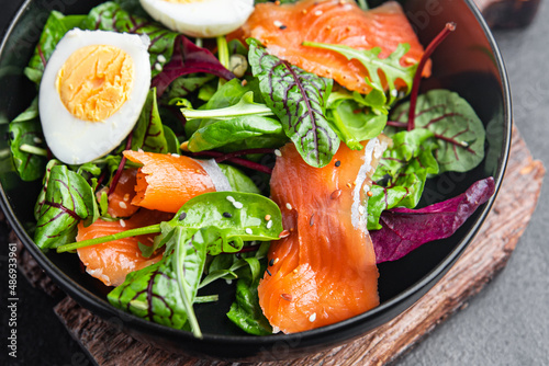 salad salted salmon, eggs, green leaves lettuce fresh portion healthy meal food diet snack on the table copy space food background rustic keto or paleo diet veggie vegetarian pescatarian diet