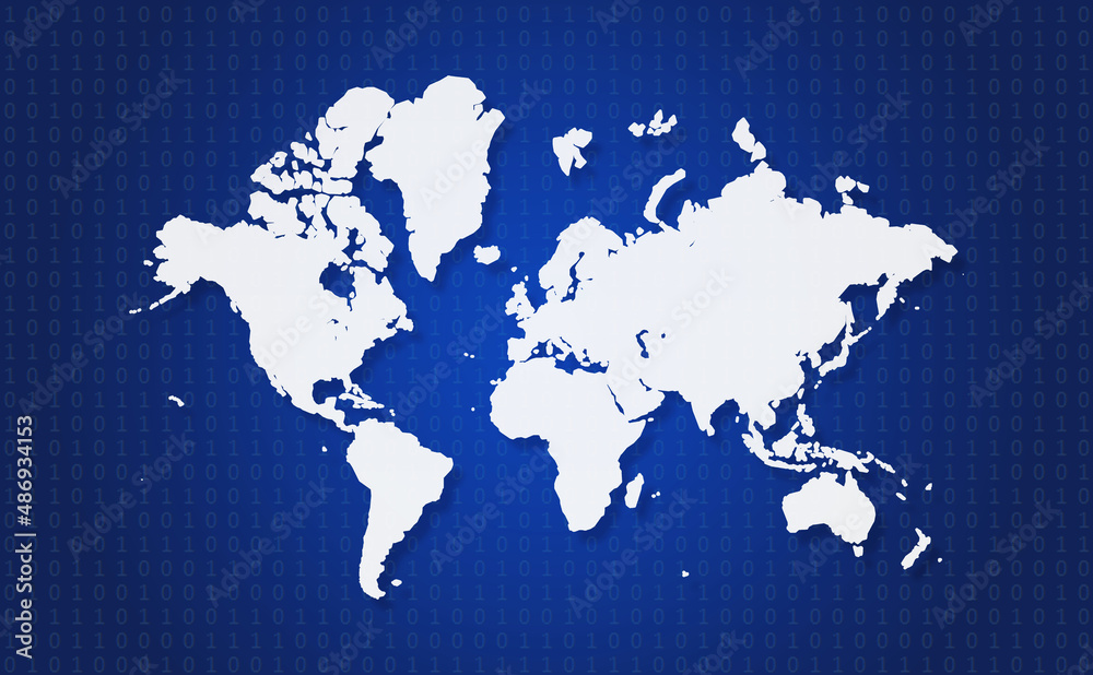 Naklejka premium White World map on blue binary code background