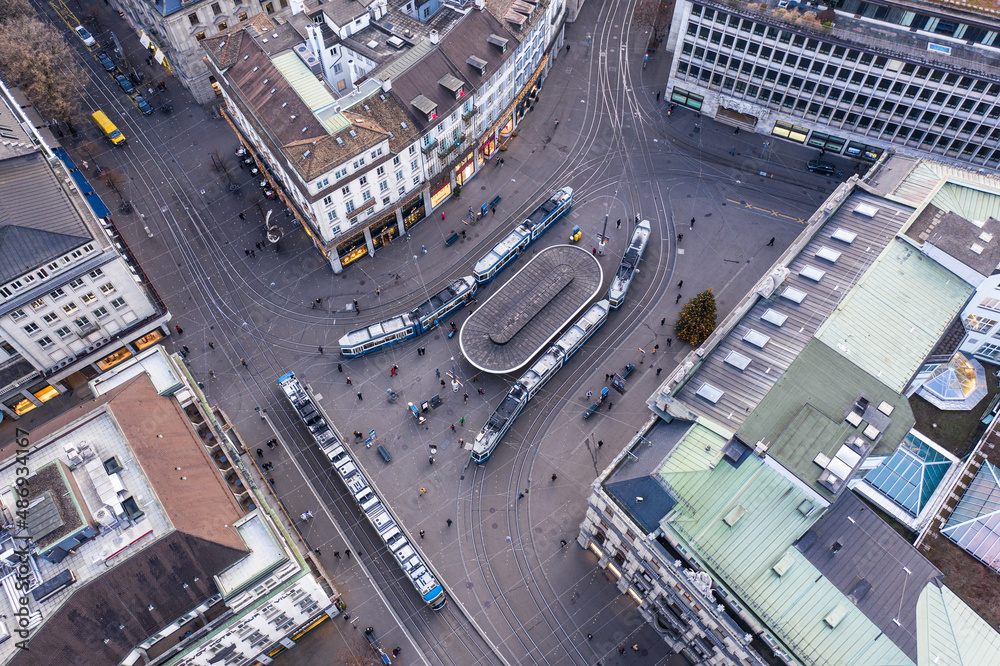 Aerial view of the famous Paradeplatz, the main square, in Zurich financial dsitrict with many large bank HQ building in Zurich, Switzerland largest city