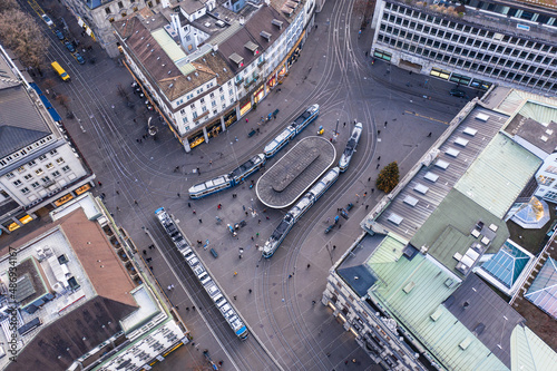 Aerial view of the famous Paradeplatz, the main square, in Zurich financial dsitrict with many large bank HQ building in Zurich, Switzerland largest city