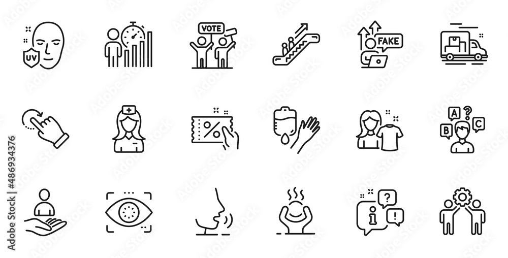 Outline set of Discount coupon, Difficult stress and Hospital nurse line icons for web application. Talk, information, delivery truck outline icon. Vector