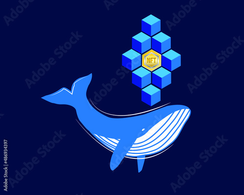 A vector of humpback whale with blockchain and NFT token. Follow the whale in non fungible token trading.