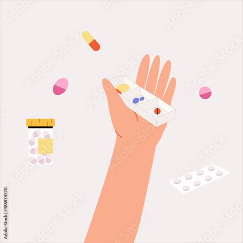 Set of medicines. Tablets, pills, blisters, packages. Vector flat illustration. The hand is holding a pill box. Handy little tablet.