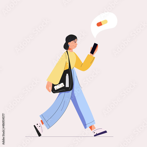 The girl uses a smartphone, notification of taking the medicine. The girl is walking. Flat cartoon vector illustration. Notice of taking pills. 