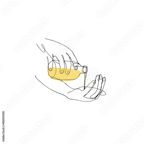 Line drawing. Vector illustration. Oil bottle in hand. Hand massage oil.