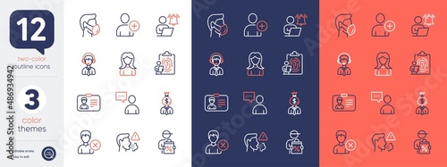 Set of Remove account, Users chat and Delivery discount line icons. Include Woman, Fingerprint, User notification icons. Identification card, Medical mask, Shipping support web elements. Vector