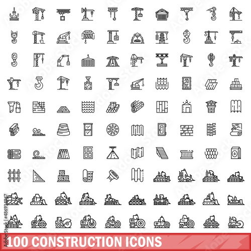 100 construction icons set. Outline illustration of 100 construction icons vector set isolated on white background