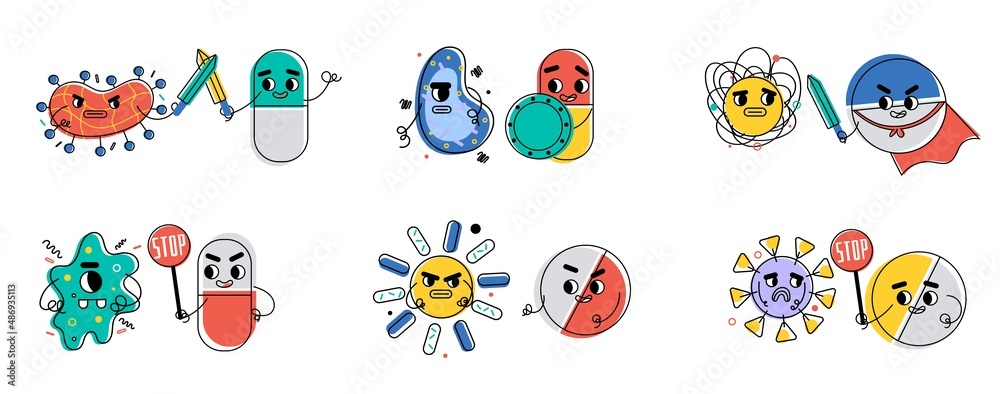 Antibiotic fight bacteria. Superhero pills and capsules, battle with viruses and germs, cute tabletes characters, medical protect from diseases, pharmacy and health care concept vector set