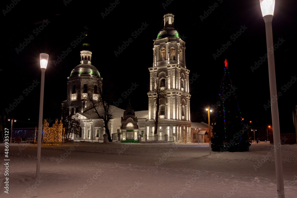 View of the Trinity Church at night in Zaraysk
