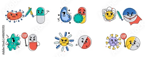 Antibiotic fight bacteria. Superhero pills and capsules, battle with viruses and germs, cute tabletes characters, medical protect from diseases, pharmacy and health care concept vector set