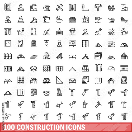 100 construction icons set. Outline illustration of 100 construction icons vector set isolated on white background