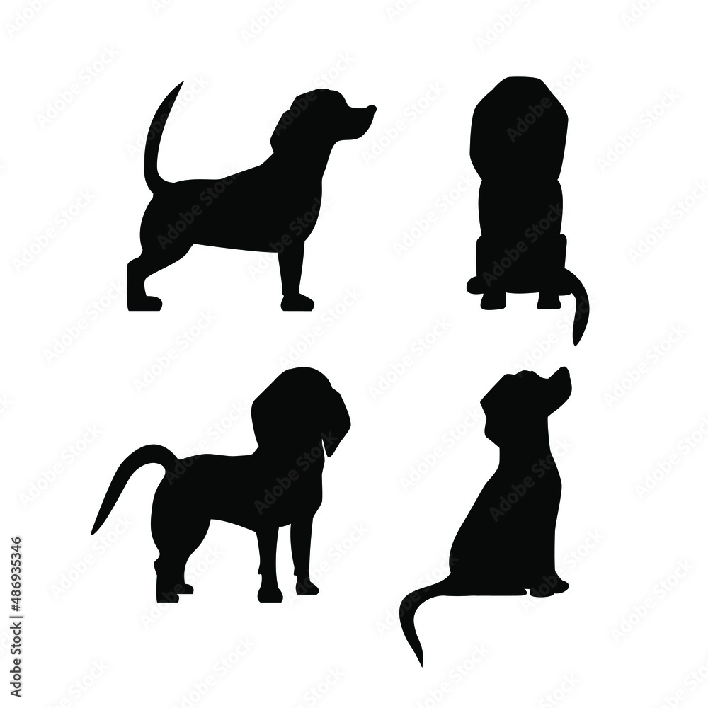 Dogs silhouette in different poses. The dog is sitting. The dog is