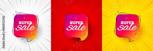 Super sale banner. Flash offer banner, coupon or poster. Discount sticker shape. Coupon chat bubble icon. Super sale promo banner. Retail marketing flyer. Starburst pop art. Vector
