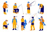 Cartoon fisherman. Different cartoon men characters with big fish, people with fishing rods and nets, special hunting clothes, wading boots, outdoor hobbies, vector isolated set