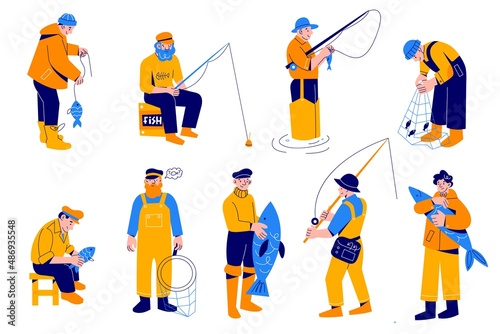 Cartoon fisherman. Different cartoon men characters with big fish, people with fishing rods and nets, special hunting clothes, wading boots, outdoor hobbies, vector isolated set