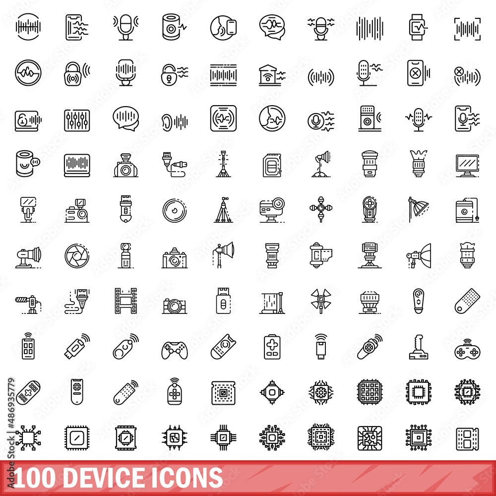 100 device icons set. Outline illustration of 100 device icons vector set isolated on white background 100 device icons set. Outline illustration of 100 device icons vector set isolated on white background