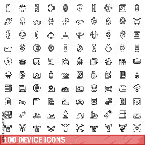 100 device icons set. Outline illustration of 100 device icons vector set isolated on white background