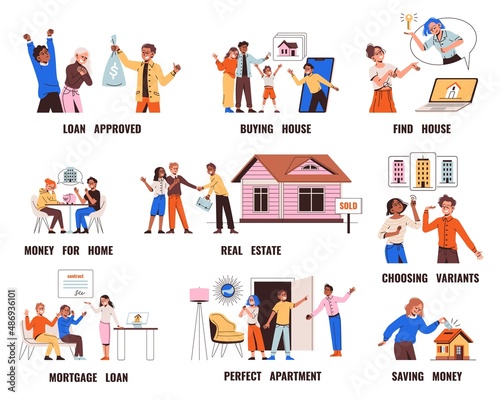 Mortgage credit people. Real estate agents and potential home buyers, apartment purchase, loan approved, couple choosing house on online service, family savings for home, vector set