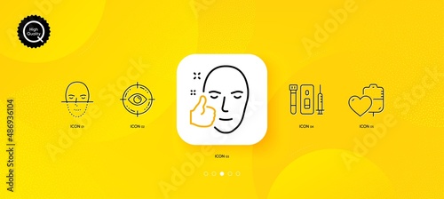 Healthy face, Eye target and Blood and saliva test minimal line icons. Yellow abstract background. Blood, Face recognition icons. For web, application, printing. Vector