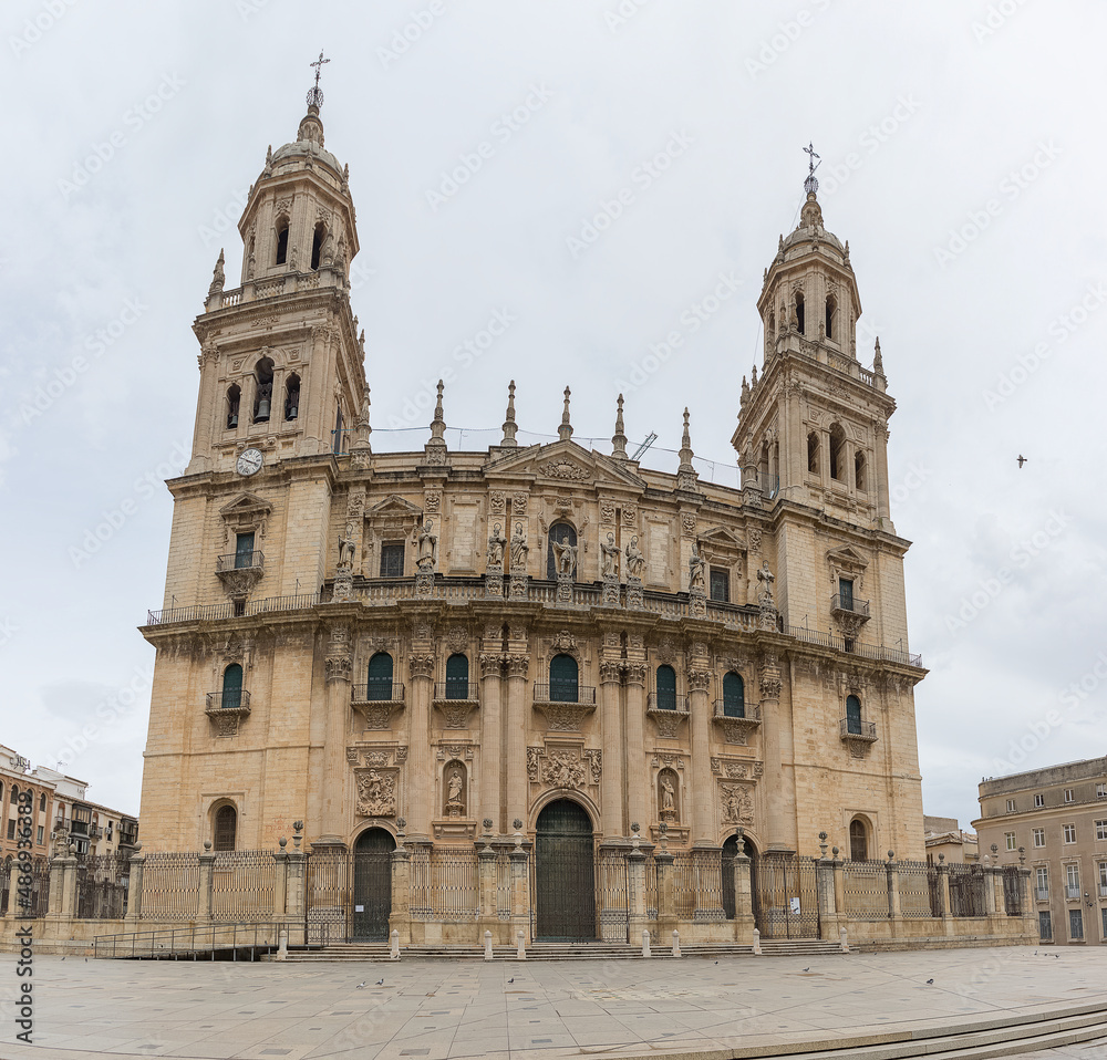 View at the Jaén Cathedral, a grand baroque-Renaissance cathedral housing the noted Santo Rostro relic and religious art museum on Plaza Santa Maria, Jaén city downtown