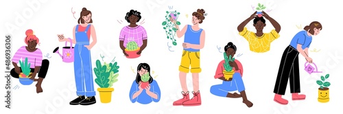 People home plants. Happy men and women watered, caring for houseplants, home gardening, room jungle, potted growing greenery, doodle style palms and ficuses in hands, vector set