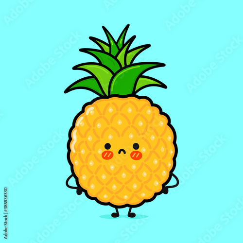Cute sad pineapple character. Vector hand drawn cartoon kawaii character illustration icon. Isolated on blue background. Happy pineapple character concept
