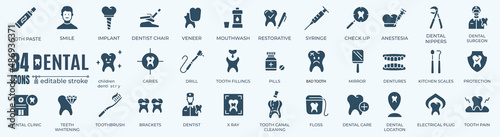 Dental elements editable stroke pictogram and minimal thin glyph web icon set. Outline icons collection. Simple vector illustration.