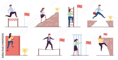 People overcoming obstacles. Businessmen and women, achieving targets activities, difficult success way, mountain and wall climb, get on stairs and jump over edge, vector isolated set