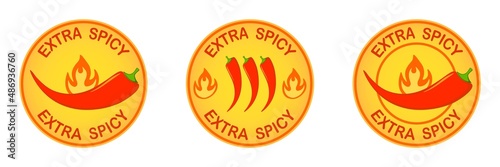 Set of Extra spicy food labels. Round sticker. Hot chili pepper icon.	