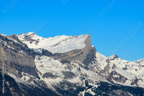 La Chaine des Fiz in Europe, France, Rhone Alpes, Savoie, Alps, in winter, on a sunny day.
