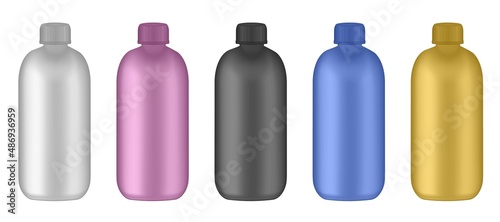 Set of pink, black, white, and gold bottles. Sports nutrition containers packages, fitness protein. Bodybuilding sport food. Jars with supplements for muscle growth. Creatine, BCAA, L-Carnitine, amino