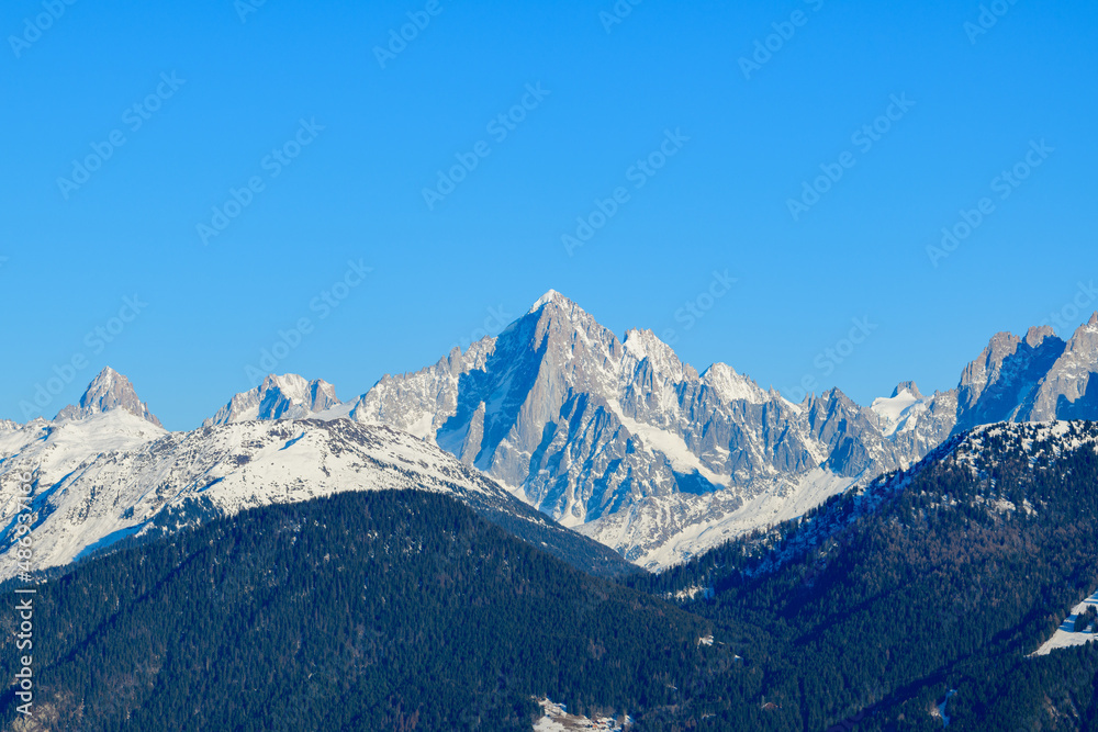 The Aiguille Verte surrounded by the snowy forests in Europe, France, Rhone Alpes, Savoie, Alps, in winter on a sunny day.