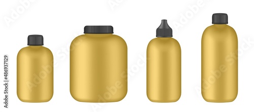 Set of gold bottles. Sports nutrition containers packages, fitness protein. Bodybuilding sport food. Jars with supplements for muscle growth. Realistic vector sport nutrition containers without label.