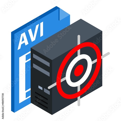 Information leakage icon isometric vector. System unit with target, avi file icon. Data security, digital technology, cybercrime