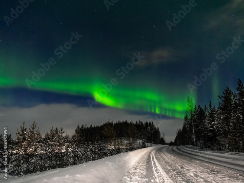 Northern lights on the background of the road and the forest. polar night . Finland.
