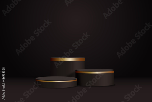 Black realistic podium with golden rim. Vector abstract design studio room with 3d geometric platform.