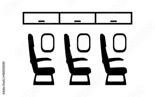 Airplane seats with overhead locker icon. Window seats on plane symbol. Vector illustration of pictogram isolated on white background. Flat design for web, app, banner, UI, poster. Armchair symbol.